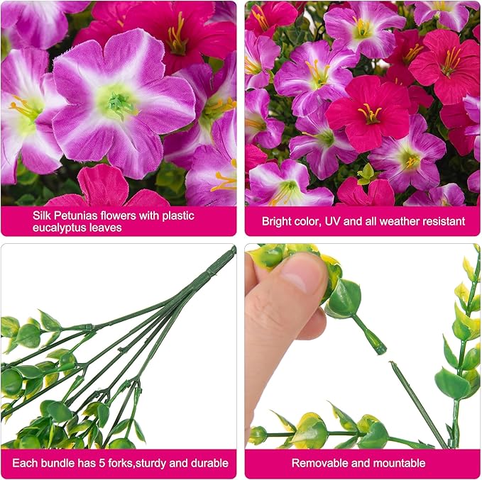 INSPRING Artificial Hanging Flowers for Outdoors Baskets Fake Plants Spring Decoration, UV Resistant Faux Silk Morning Glory in Planter Look Real for Outside Patio Porch Balcony Garden Home Decor