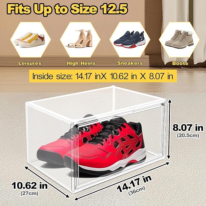 Clear Shoe Boxes Plastic Stackable ‌Shoe Cabinet‌ with Acrylic Magnetic Lids Drop Side Sneaker Display Case for Closet, Entryway, Fits Men's Shoes up to Size 12.5 (14.17''x10.62''x8.07'')