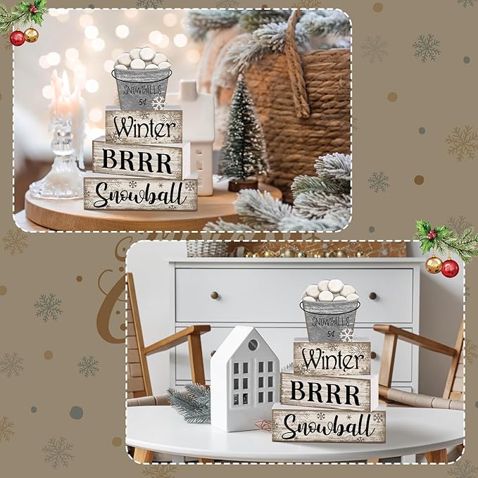 Moucuny 4 Pcs Winter Table Decorations Winter Tiered Tray Decor Christmas Table Centerpiece Rustic Decorative Snowball Snow Bucket Block Sign Farmhouse Christmas Decorations for Home Kitchen Shelf