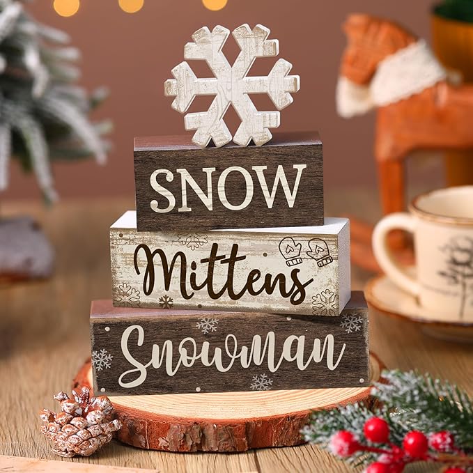 Moucuny 4 Pcs Winter Table Decorations Wooden Snowflake Decor Christmas Tiered Tray Decor Rustic Decorative Snowflake Block Sign Gift Winter Table Centerpiece for Wonderland Party Home Kitchen