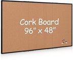 Extra Large Cork Bulletin Board 96" X 48", Foldable Notice Pin Board for Wall, Black Aluminum Framed 8'x4' Corkboard, Wall Mounted Noticeboard with 36 Push Pins for School, Home & Office