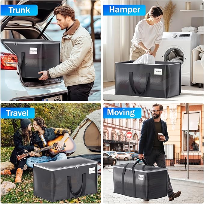 6 Pack Moving Bags Heavy Duty, Moving Boxes, Storage Bags with Zipper & Handles & Tag for College & Dorm Moving Supplies Grey Laundry Hamper Bag, Foldable Space-saving Totes (76L, Grey)