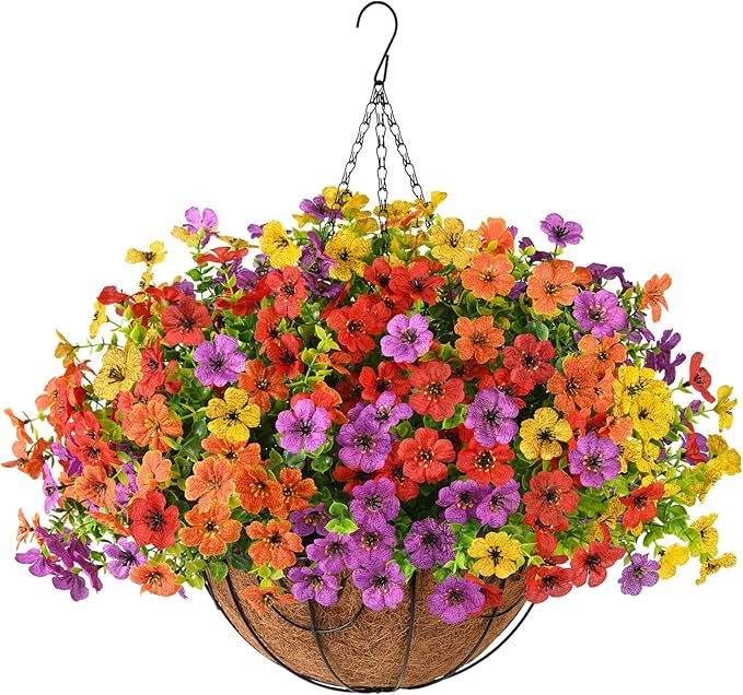 Artificial Faux Hanging Flowers Plants with Basket for Outdoor Spring Decoration, Fake Silk Daisy Outside Indoor UV Resistant Look Real Yard Patio Front Porch Garden Balcony Home Decor(Mix2)