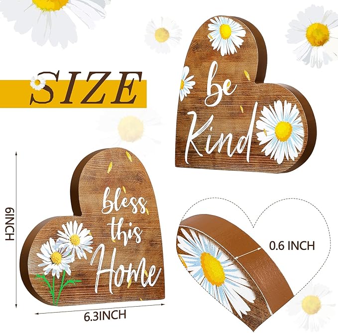 Jetec 2 Pcs Rustic Decorations for Living Room Home Shelf Mantel Entryway Table, Farmhouse Knick Knacks Christian Table Centerpiece Wooden Heart Decor for Dining Room Housewarming Gift(Daisy Style)