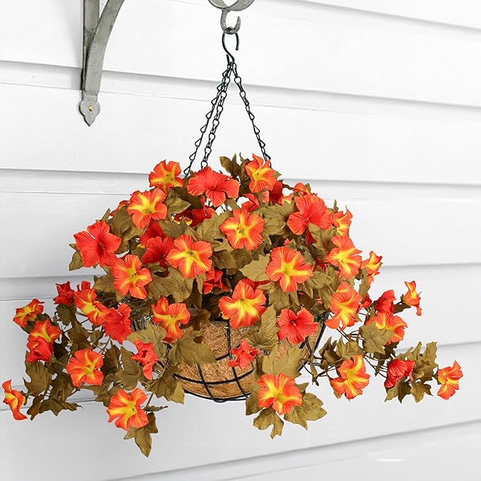 HyeFlora Artificial Fall Flowers for Outdoors Decoration 2PCS Autumn Faux Morning Glory Look Real Silk Flowers for Outside Planter UV Resistant Fake Flowers for Home Garden Balcony Yard Porch Deco