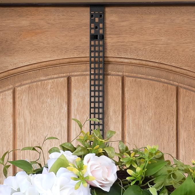 Haute Decor Set of 2 Hook & Lattice Adjustable Length Metal Wreath Hangers, Matte Black (2 Pack) - Unique Over The Door Wreath Holder - Holds 20 Pounds