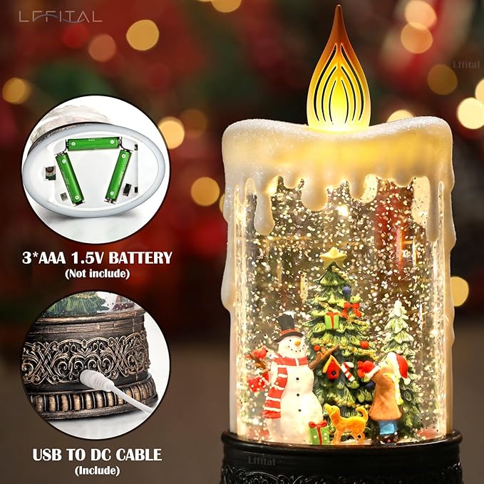 Snowman Christmas Snow Globe Lantern, Lighted Christmas Decorations for Home Candle Shaped Snow Lantern with Music Timer Glittering, Home Decor Festival Gife, USB & Battery Operated