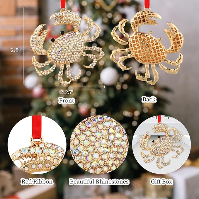 SICOHOME Crab Ornaments for Christmas Tree - Coastal Sea Ocean Hawaii Beach Themed Christmas Hanging Ornament with Rhinestones for Christmas Tree Gifts for Ocean Lover and Nautical Enthusiast - Blue