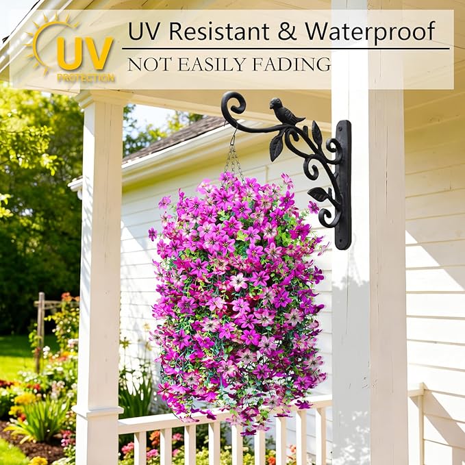 INQCMY Artificial Hanging Flowers Decoration, 4pcs Fake Floral Basket Plants for Outdoor Porch, Faux Shrubs Home Spring Decor UV Resistant Potted Violets for Outside Garden No Fade