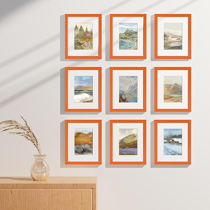 Vittanly 8x10 Picture Frames Set of 9, Shatter Resistant Plexiglass, Display 5x7 Pictures with Mat or 8x10 without Mat, Photo Frames for Wall or Tabletop, Engineered Wood, Orange