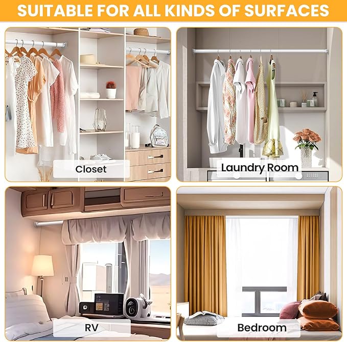 2 Pack Closet Rods for Hanging Clothes,17-84 Inch No-Cut Stepless Adjustable Closet Rod, 1.3 Inch Heavy Duty Metal Closet Hanging Rod with Brackets, White Closet Bar for Closet, Laundry Room, RV
