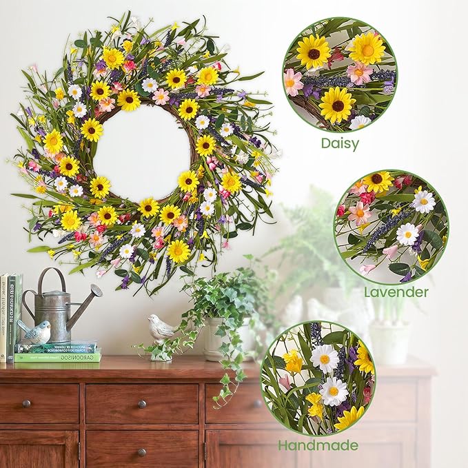 Spring Wreaths for Front Door, 22 Inch Spring and Summer Daisy Wreath for Farmhouse Porch Wall Window Home Decor for Indoor Outdoor Housewarming Gift