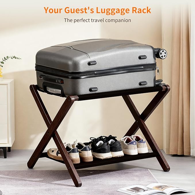 Heybly Luggage Rack, Folding Suitcase Stand with Storage Shelf, Heavy-Duty Luggage Holder for Guest Room Bedroom Hotel, Holds up to 165 lb, Black, HLR010Z1