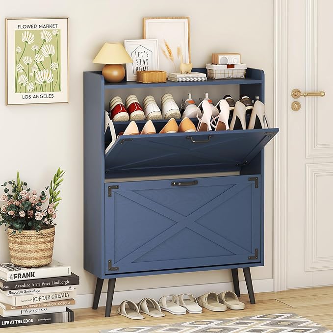 Shoe Cabinet with 2 Flip Drawers, Farmhouse Hidden Shoe Storage Cabinets, Narrow Wooden Shoes Organizer for Entryway, Slim Freestanding Shoe Rack Cabinet for Front Door Entrance, Blue