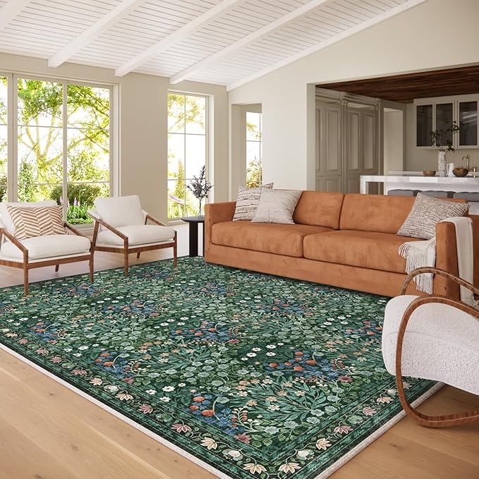 Floral Dark Green Area Rugs 8x10, Soft Washable Non-Slip Boho Forest Large Rug for Living Room, Bedroom, Farmhouse Dining Room & Office