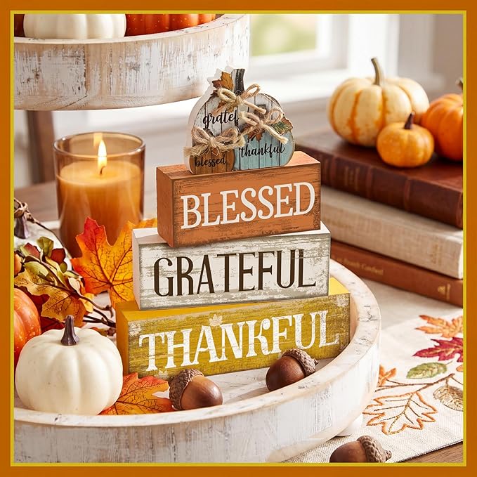 Lineshading 4 Pcs Fall Pumpkin Decor Fall Table Decoration Thanksgiving Tiered Tray Decor Thanksgiving Centerpiece Rustic Stacked Pumpkin Block Signs Farmhouse Harvest Decoration for Home Kitchen