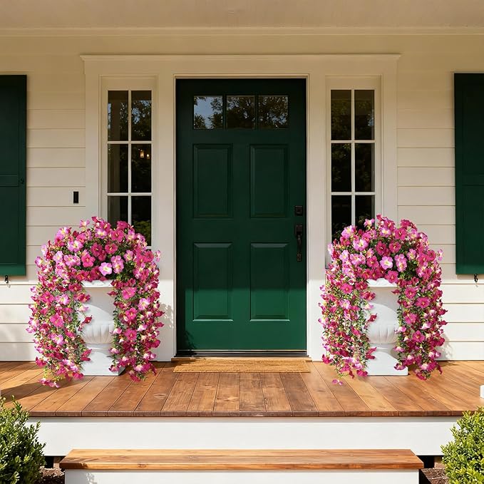 Artificial Fake Hanging Flowers Plants for Outdoor Spring Decoration,2 PCS Faux Silk Morning Glory with Eucalyptus Leaves,UV Resistant Realistic Trailing Vines for Balcony Porch Patio Yard Garden