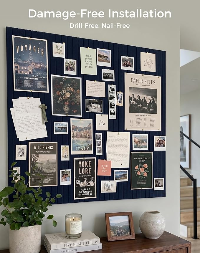 Aothia 12-Pack Felt Bulletin Board Tiles 48"x36", Modular Pin Board for Smooth Walls, Cork Board Alternative for Notes & Photos, 0.35" Thick, 70 Adhesive Tabs & 40 Pins, Navy Blue