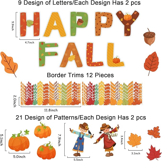 Fall Pumpkin Bulletin Board Decorations Set for Classroom Happy Fall Pumpkin Leaves Paper Cutouts Autumn Bulletin Board with Borders for Thanksgiving Theme Preschool School Classroom Door Wall Decor