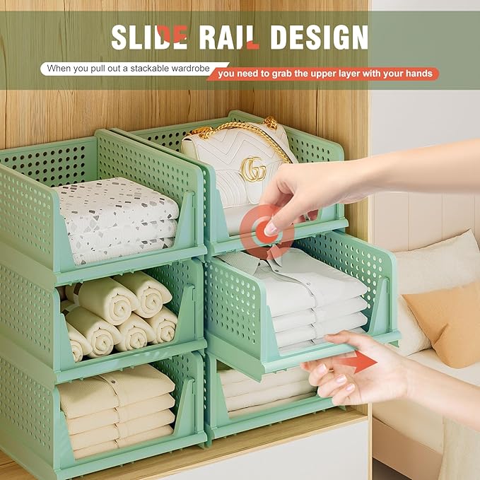 Closet Organizer, 4 Pack Stackable Storage Bins for Closet Shelves, Plastic Storage Drawers Basket Weekly Clothes Organizer for Kids(4L)（Green）