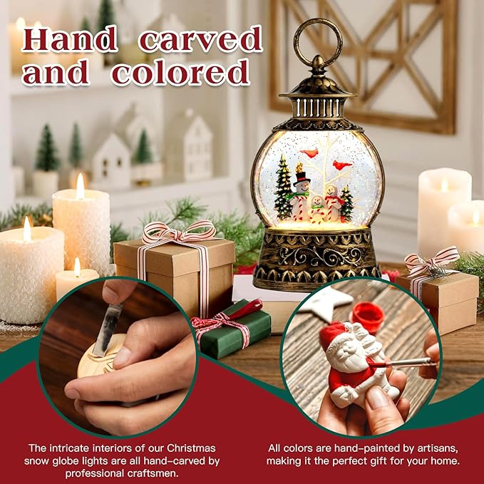 Christmas Snowman Snow Globe, Cardinal Musical Snow Globe Lantern Lights with 6H Timer Battery & USB Powered, Retro Style Holiday Glitter Globe for Xmas Home Decoration Holiday Party Gifts