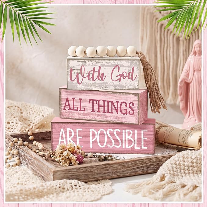 Yuntau 4 Pcs Farmhouse Tabletop Decor Wooden Rustic Inspirational Bible Verse Quotes with God All Things are Possible Decorative Pink Coquette Tiered Tray Decor Christian Gift for Women Home Shelf