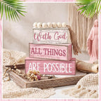 Yuntau 4 Pcs Farmhouse Tabletop Decor Wooden Rustic Inspirational Bible Verse Quotes with God All Things are Possible Decorative Pink Coquette Tiered Tray Decor Christian Gift for Women Home Shelf