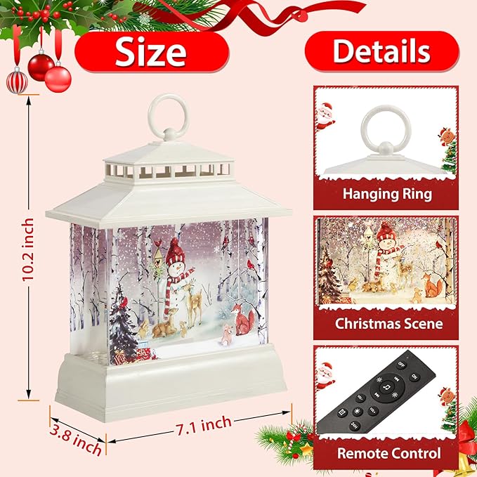Christmas Snow Globe Lantern Water Glittering Lantern with 8 Songs & 6H Timer Romote Control Christmas Snow Globes USB & Battery Operated for Christmas Festival Decorations Gifts (Snowman)