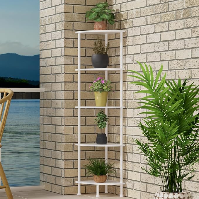 5-Tier Corner Shelf Stand, 52" Industrial Corner Display Rack for Living Room, Bookshelf, Tall Display Shelf, Plant Stand, Storage Standing Shelf for Bedroom, Bathroom, Kitchen, White