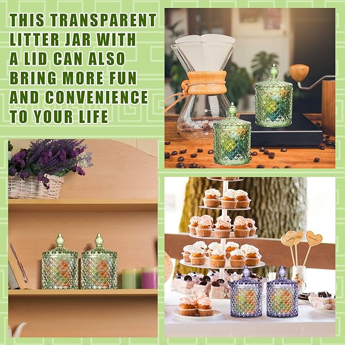 Aoriher 4 Pcs Crystal Glass Candy Jar Set with Lids Home Decorative Storage Jars for Apothecary, Bathroom, Kitchen, and Pantry, Ideal for Cotton Swabs and Jewelry (Medium,Green)