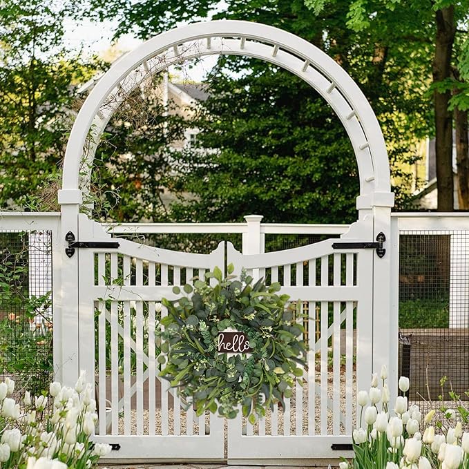 24" Eucalyptus Wreath with Hello Sign for Front Door, All Seasons Greenery Wreath, Artificial Eucalyptus Wreath for Farmhouse Porch, Window, Wall, Year Round Spring Summer Outdoor & Indoor Home Decor