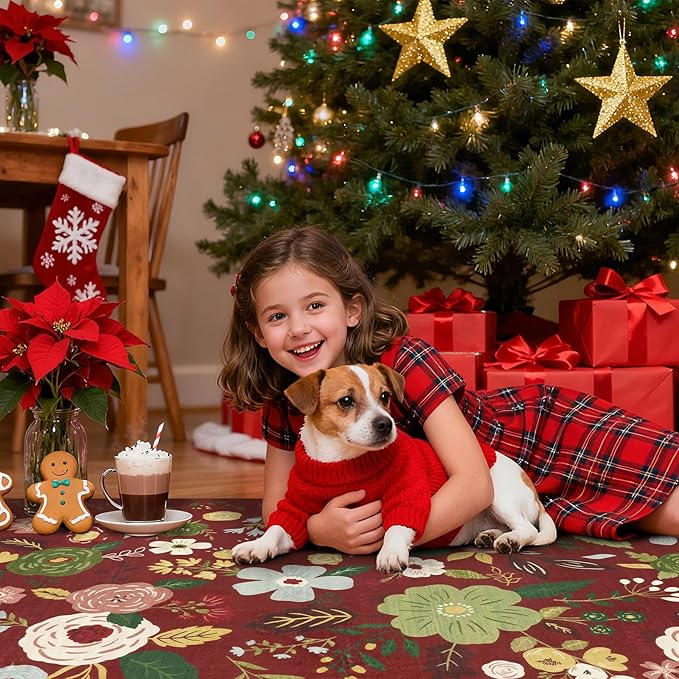 U'Artlines 5x7ft Red Christmas Area Rug, Colorful Floral Boho Rug Machine Washable Ultra Soft Low Pile Non Slip Non Shedding Accent Floor Carpet for Living Room, Bedroom, Dining Room,Farmhouse,Office