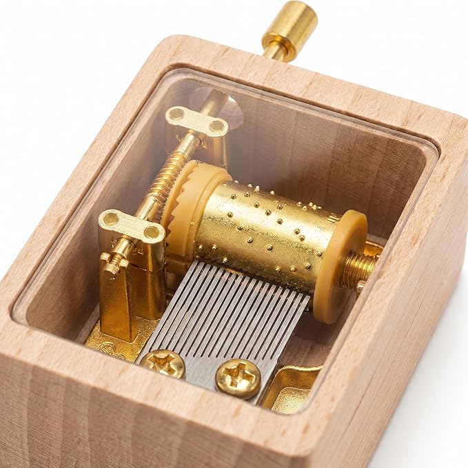 Hand Crank Wooden Music Box - Beech Wood with Clear PVC Window, Premium Golden Movement, Mini Size 6x4.5x3cm, 80g - Ideal Gift for Loved Ones (Contemporary, You are My Sunshine)