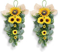 24in Artificial Sunflowers Teardrop Swag Spring Summer Sunflowers Floral Swag Wreath with Burlap Bow Fake Yellow Sunflower Garland for Front Door Indoor Outdoor Window Home Decor
