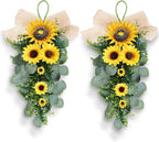 24in Artificial Sunflowers Teardrop Swag Spring Summer Sunflowers Floral Swag Wreath with Burlap Bow Fake Yellow Sunflower Garland for Front Door Indoor Outdoor Window Home Decor