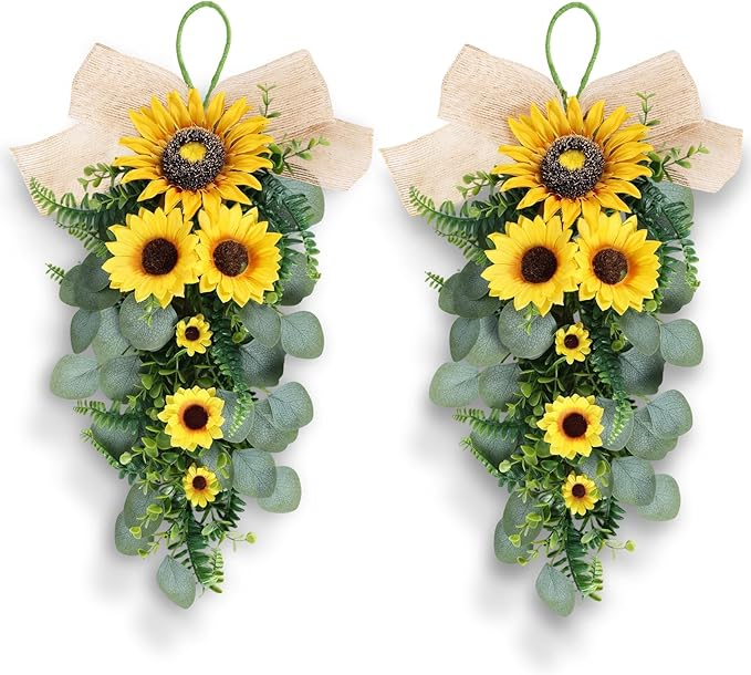 24in Artificial Sunflowers Teardrop Swag Spring Summer Sunflowers Floral Swag Wreath with Burlap Bow Fake Yellow Sunflower Garland for Front Door Indoor Outdoor Window Home Decor