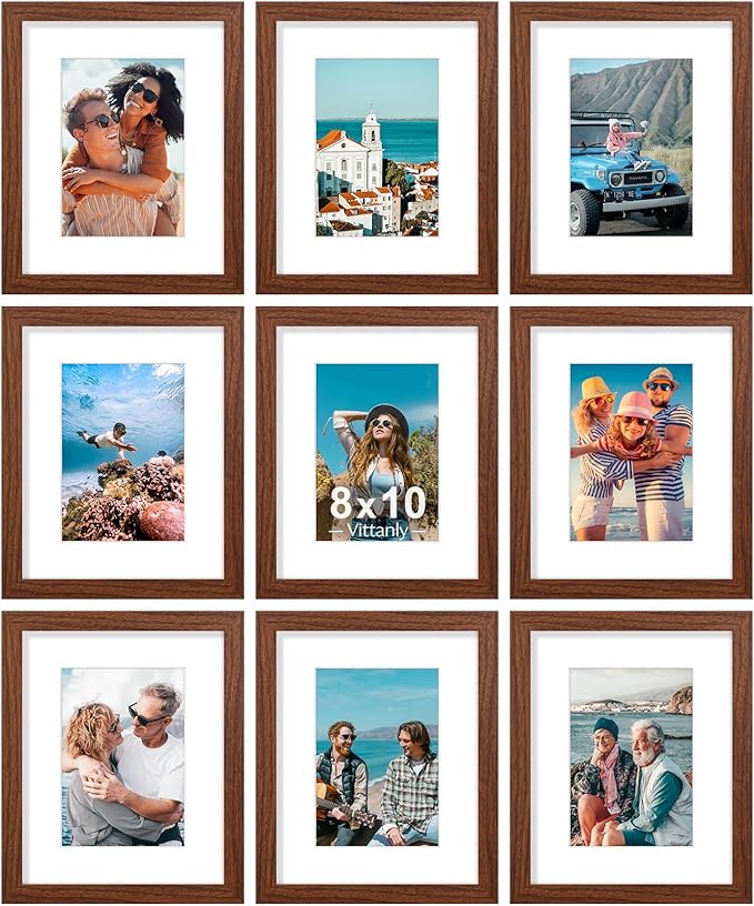 Vittanly 8x10 Picture Frames Set of 9, Shatter Resistant Plexiglass, Display 5x7 Pictures with Mat or 8x10 without Mat, Photo Frames for Wall or Tabletop, Engineered Wood, Wood Grain Brown