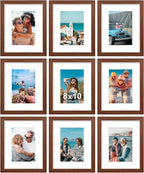 Vittanly 8x10 Picture Frames Set of 9, Shatter Resistant Plexiglass, Display 5x7 Pictures with Mat or 8x10 without Mat, Photo Frames for Wall or Tabletop, Engineered Wood, Wood Grain Brown