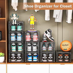 6 Pack Thicken Shoe Organizer Stackable,Upgraded Sturdy Shoe Storage Box with Magnetic Door,Shoe Containers For Sneaker Display,Hat Organizer,Black