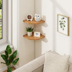 Fun Memories Corner Shelf Wall Mount Set of 2 - Solid Oak Wood Floating Corner Shelf with Cable Hole, 8.5in Rustic Design for Bedroom, Living Room, Kitchen (Natural)