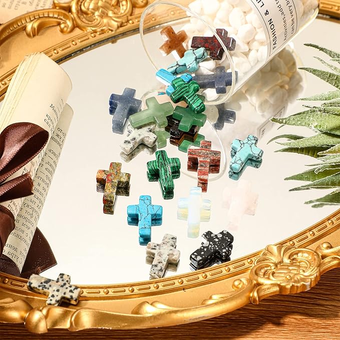 Nuenen 50 Pcs Cross Charm for Women Man Celebration Grad Decor Crystal Pocket Cross Necklace Natural Worry Stone Gift for Jewelry Making Craft Festival Decor (0.71 x 0.98 x 0.24 Inch,Classic)