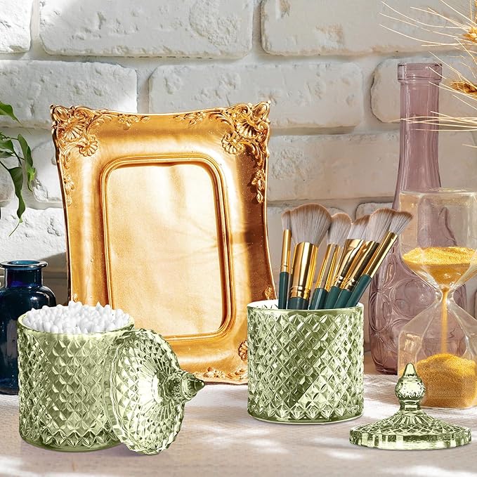 Aoriher 4 Pcs Crystal Glass Candy Jar Set with Lids Home Decorative Storage Jars for Apothecary, Bathroom, Kitchen, and Pantry, Ideal for Cotton Swabs and Jewelry (Medium,Green)