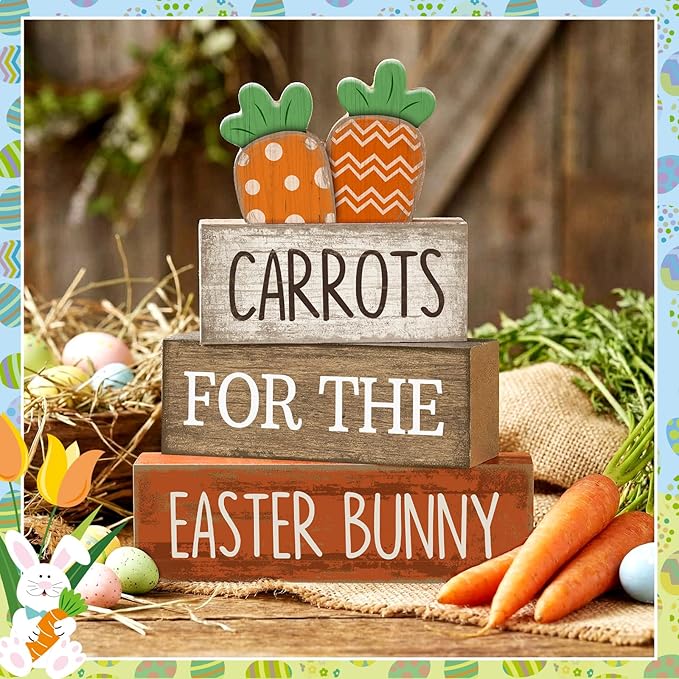 Lineshading 4 Pcs Easter Decor Wooden Carrot Decoration Easter Tiered Tray Decor Rustic Wooden Carrot Block Sign Carrots Table Centerpiece Farmhouse for Party Home Kitchen