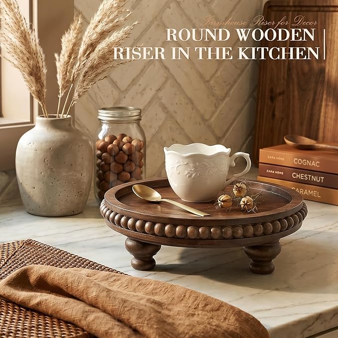 EOSAHR Acacia Round Wood Riser for Home Decor - Retro Beaded Pedestal Tray for Perfume Organizer, Plant Stand & Sponge Holder - Ideal for Kitchen Decor & Apartment Decor(Dark Acacia)