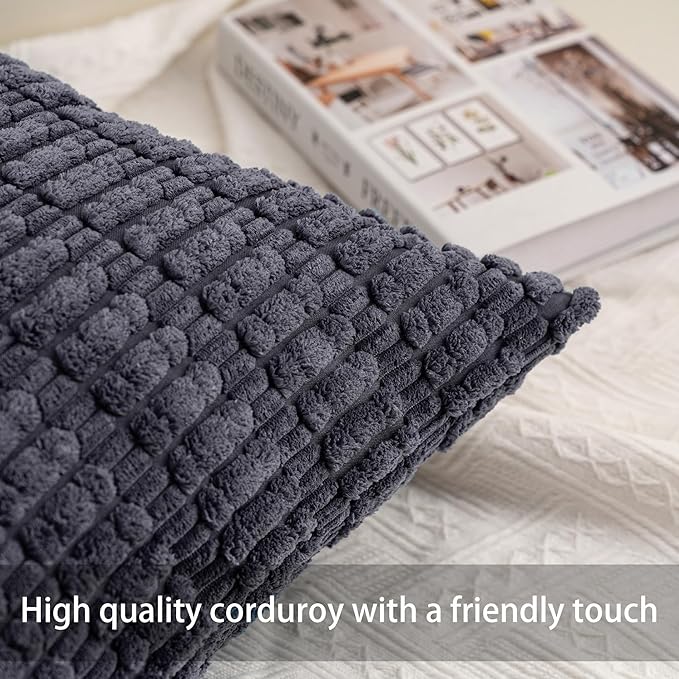 Aegero Pack of 2 Corduroy Decorative Throw Pillow Covers 12x20 Inch Soft Striped Pillow Covers Modern Farmhouse Home Decor for Sofa Living Room Couch Bed（Dark Grey）