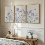 Framed Neutral Chinoiserie Blue Botanical Wall Art, 3 Piece Minimalist Floral Canvas Artwork for Modern Farmhouse, Flower Painting Prints for Living Room Bedroom Kitchen Office Dining Room, 20x30 In
