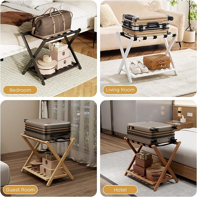 Fully Assembled Luggage Rack, 26.77" Luggage Rack for Guest Room, Bamboo Folding Suitcase Stand with Storage Shelf, 5 Nylon Straps, Heavy Duty Luggage Holder for Bedroom Hotel, 1 Pack, Natural