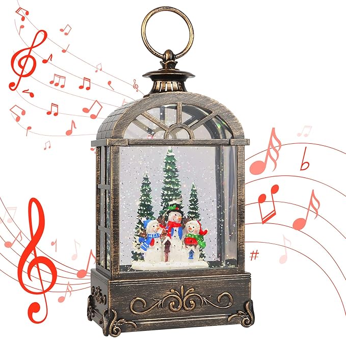 Christmas Snow Globe Lantern,Christmas Decorations Indoor for Home,with 6 Hour Timer Musical Snow Globes,Battery Or USB Powered Swirling Glitter Lantern Christmas Decor Gifts,Snowman Family