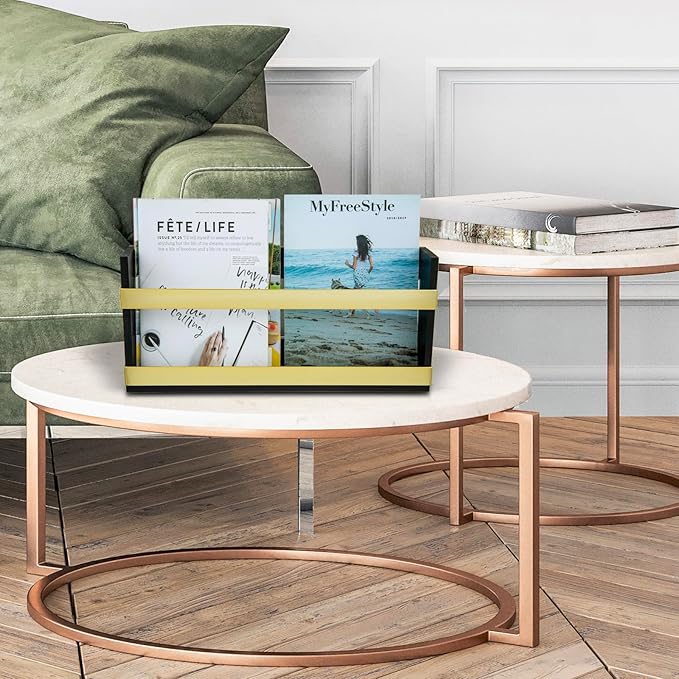 MyGift Black Solid Wood and Brass Metal Magazine Display Rack, Wall Mountable Double Wide Book Holder or Standing Organizer