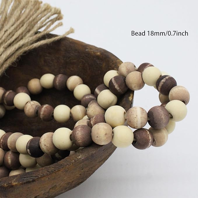 Farmhouse Decor Beads 60in Wooden Bead Garland with Tassels Boho Rustic Home Decor Accent Prayer Country Minimalist Decoration for Wall Hanging Room Table Mantle Shelf